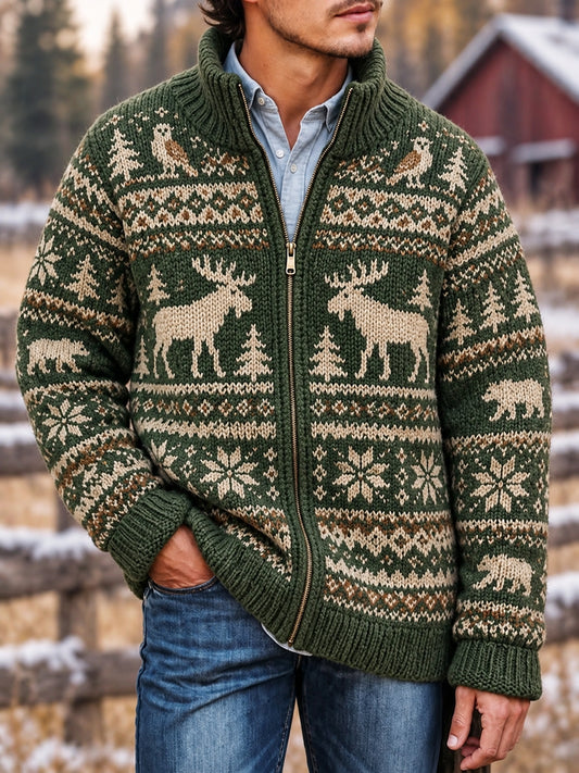 Mansvintage stickad jacka med dragkedja och Moose Isle-mönster
