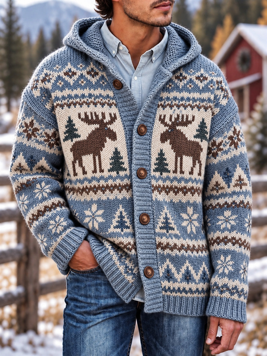 Mäns Vintage Vintage Moose Isle Print Hooded Cardigan