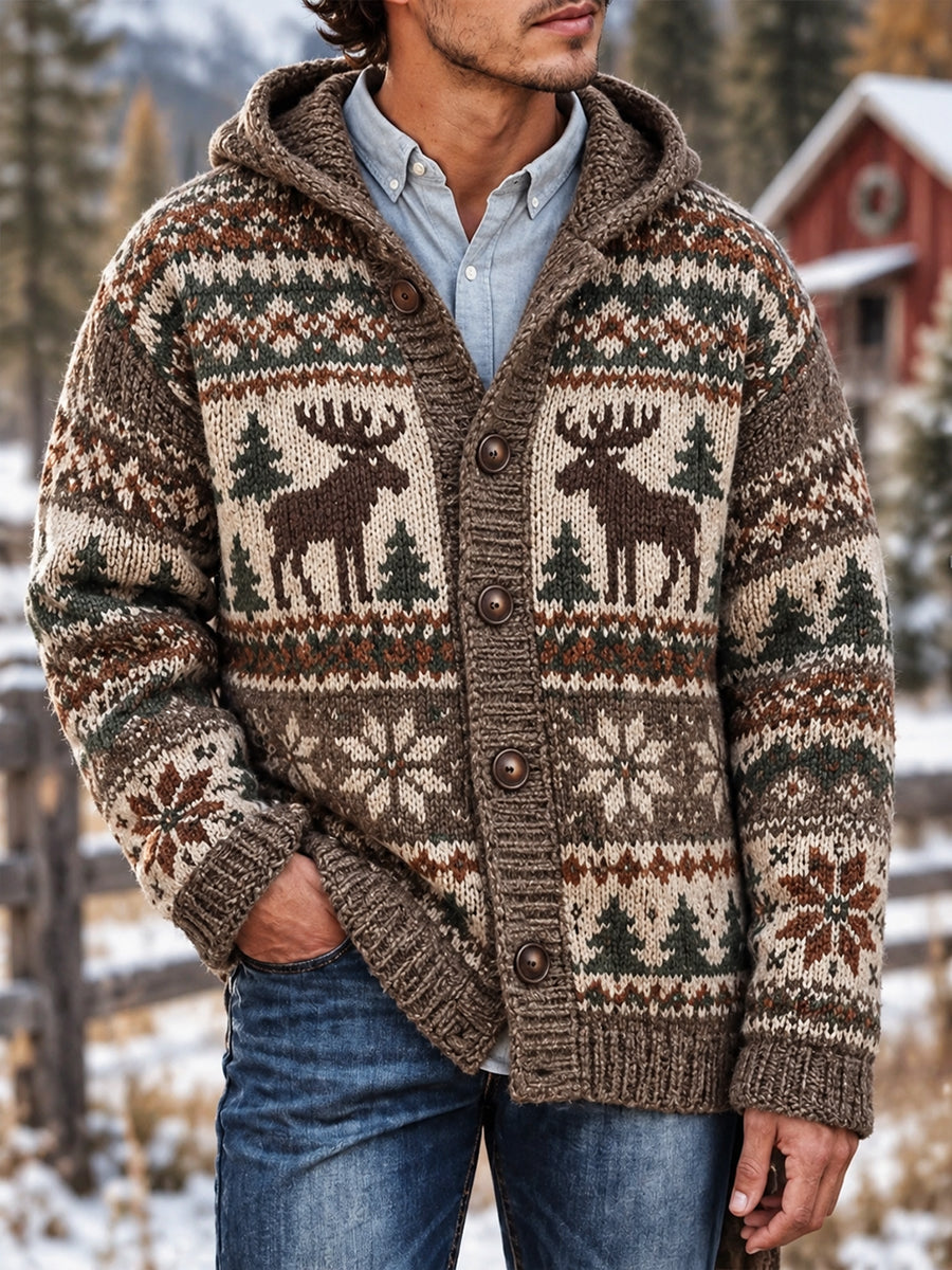 Mansvintage Moose Isle-mönstrad huvtröja med dragkedja