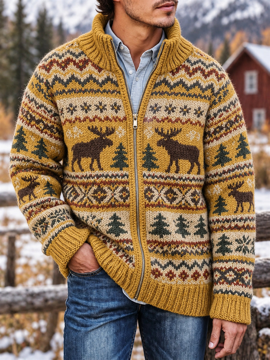 Mäns Vintage Vintage Moose Isle Print Zip-Up Sticka jacka