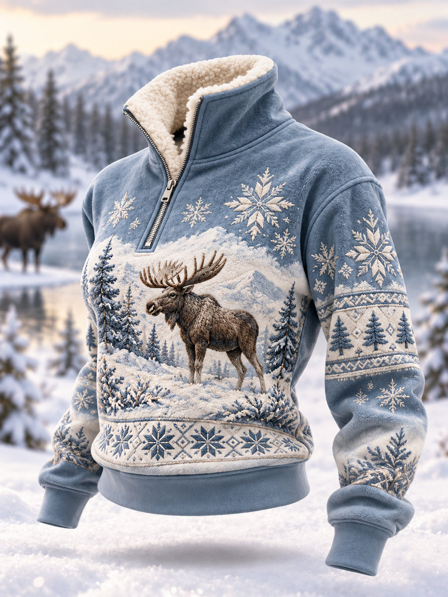 Kvinnors vinter Moose Print Casual Plush blixtlås Pullovere