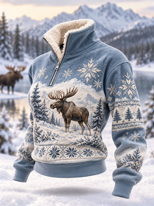 Kvinnors vinter Moose Print Casual Plush blixtlås Pullovere