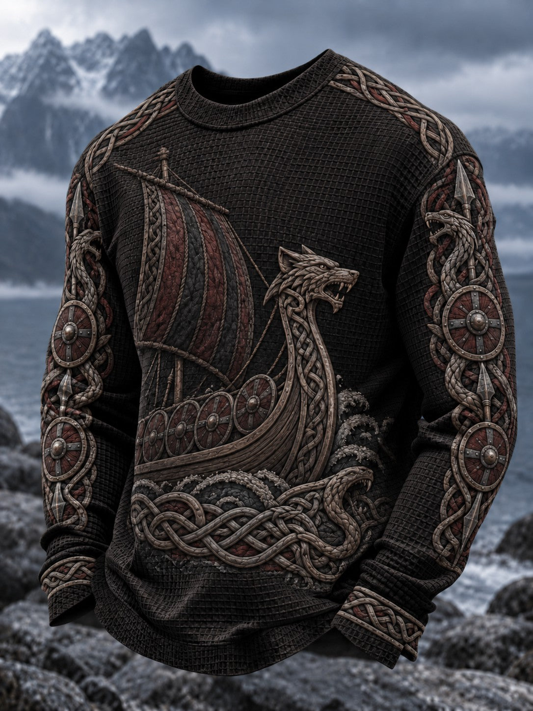 Herrtröja i vafelväv med vikingatryck och lång ärm