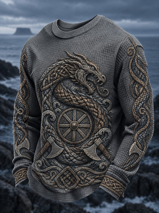Herrtröja i vafelväv med vikingatryck och lång ärm
