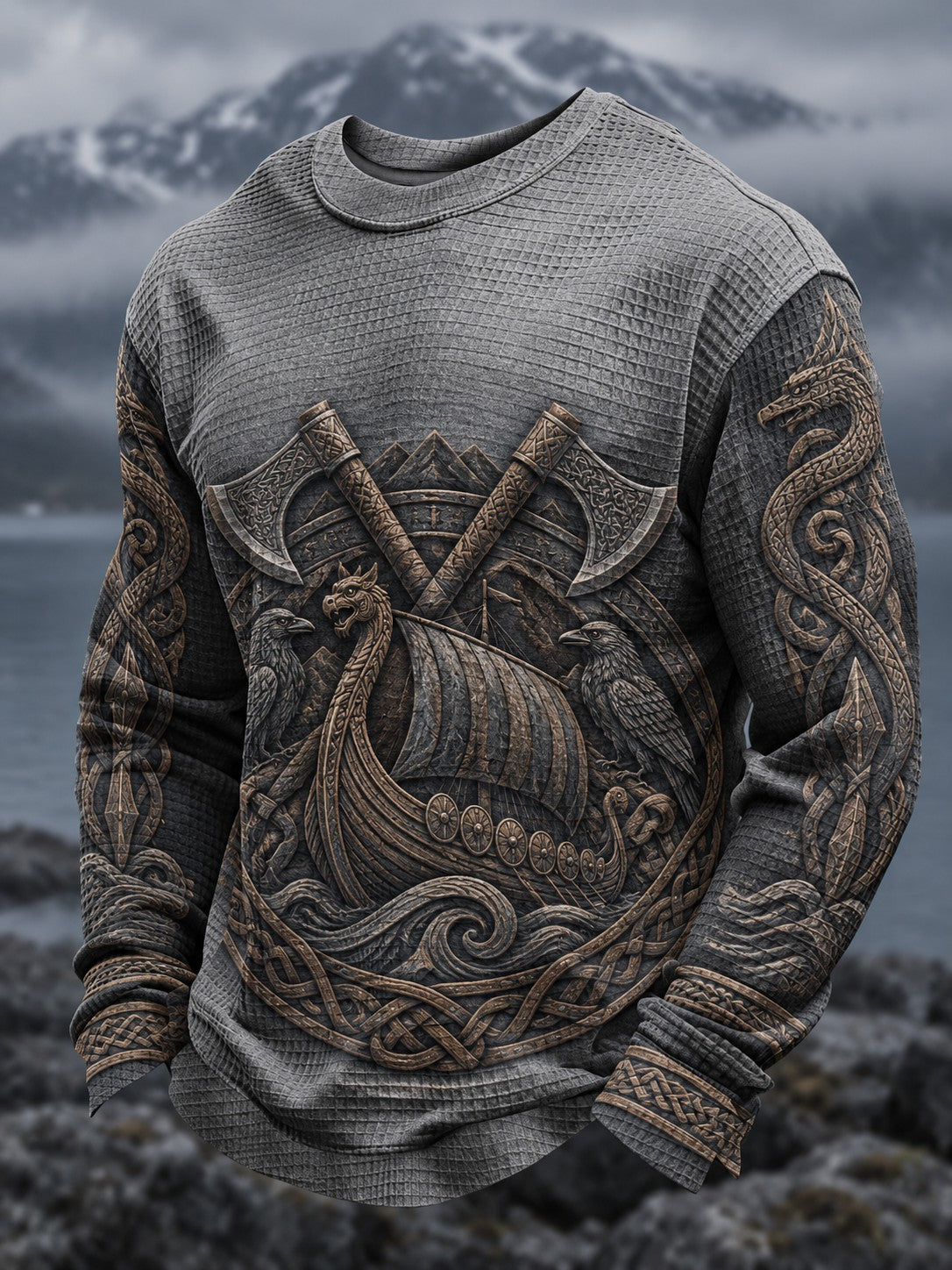 Herrtröja i vafelväv med vikingatryck och lång ärm