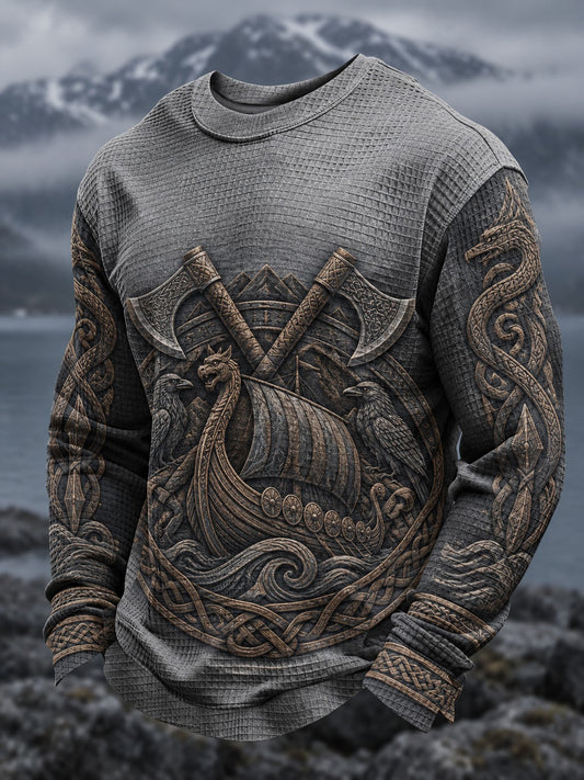 Herrtröja i vafelväv med vikingatryck och lång ärm