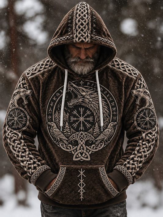 Retrovikingamönstrad casual flanellhuvtröja för män
