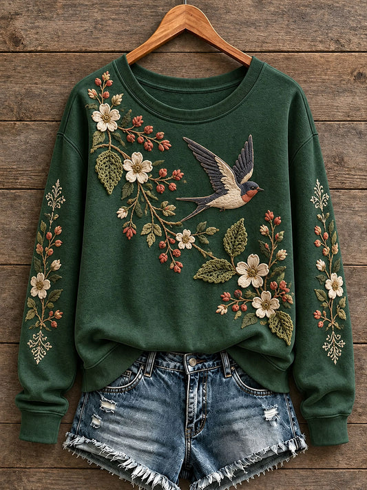 Kvinnors blomster och fågel mönster Sweatshirt