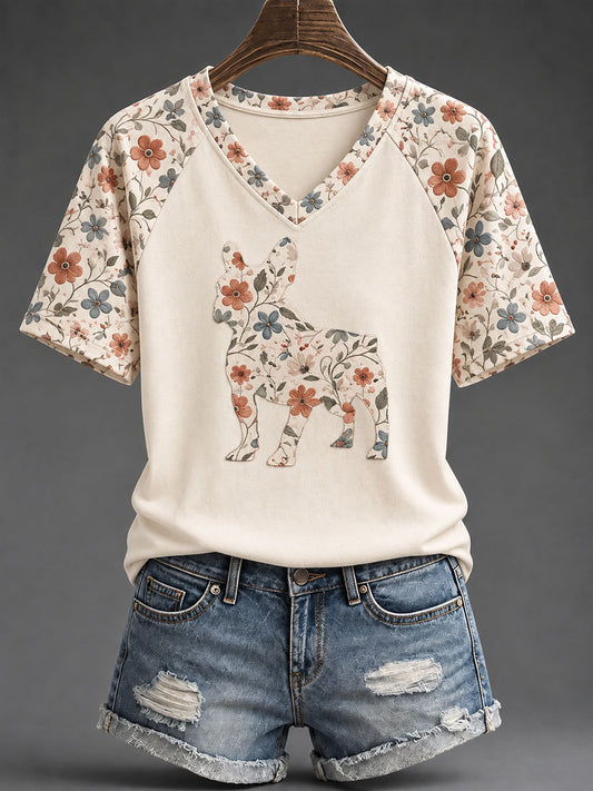 Kvinnors franska Bulldog Floral Print Casual T-shirt