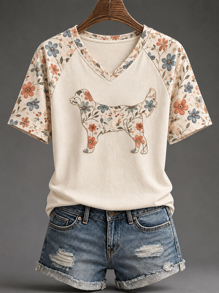 Kvinnors gyllene retriever Floral Print Casual T-shirt