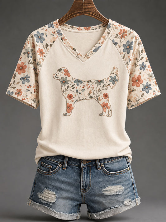 Kvinnors gyllene retriever Floral Print Casual T-shirt