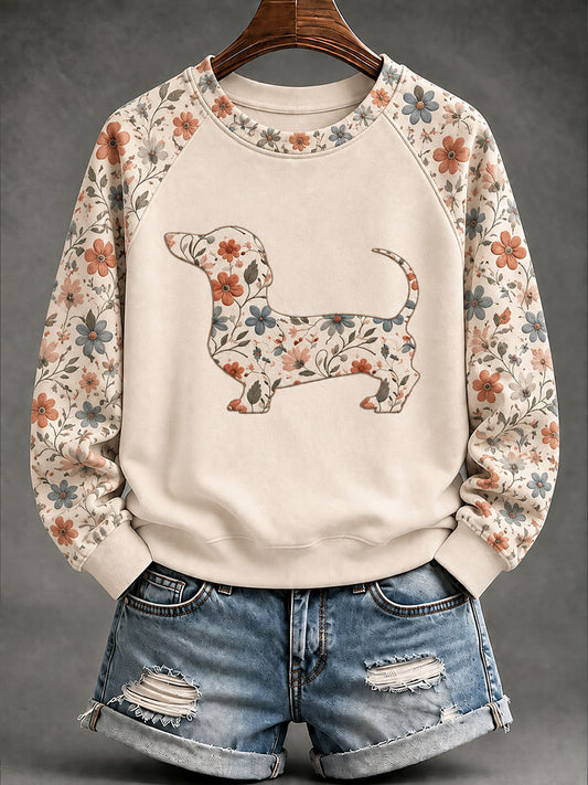 Kvinnor Dachhund blomster Print Casual Raglan Slem Sweatshirt