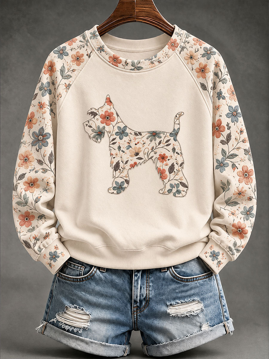 Kvinnors Schnauzer Floral Print Casual Raglan Slem Sweatshirt