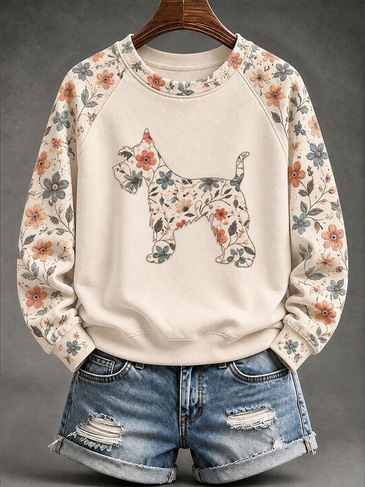 Kvinnors Schnauzer Floral Print Casual Raglan Slem Sweatshirt