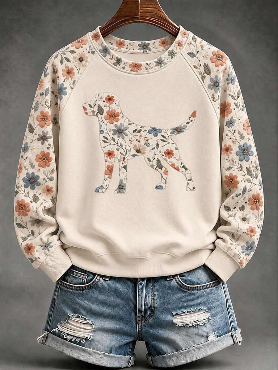 Kvinnor Labrador Retriever Floral Print Casual Raglan Slem Sweatshirt
