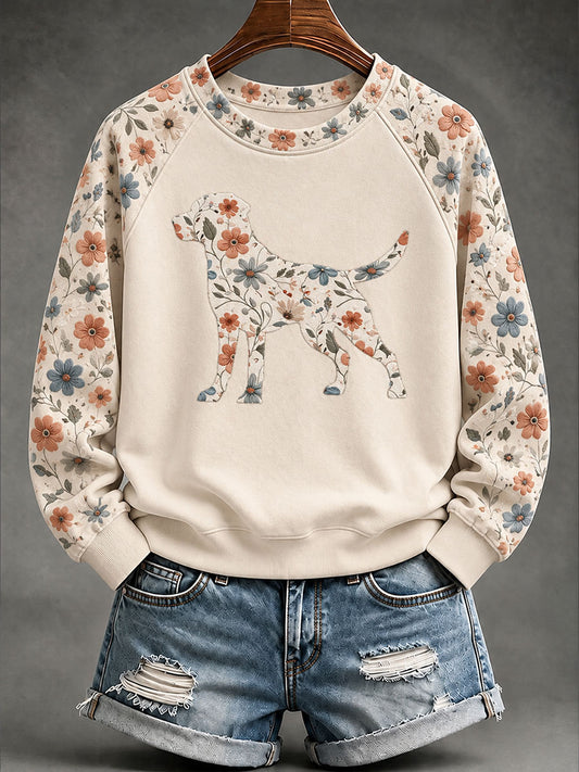 Kvinnor Labrador Retriever Floral Print Casual Raglan Slem Sweatshirt