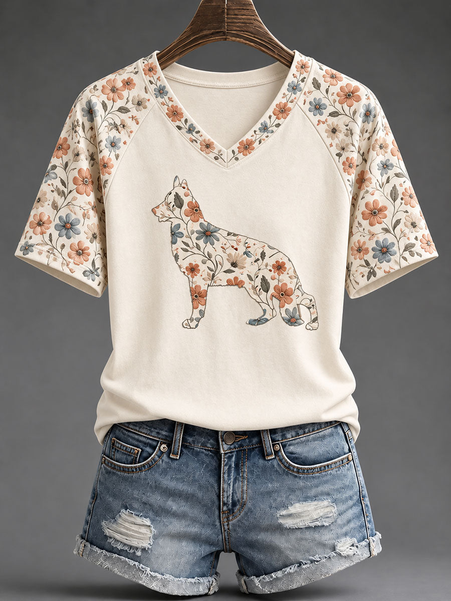 Kvinnor fårhund blommor Print Casual T-shirt
