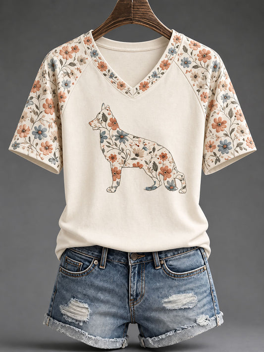 Kvinnor fårhund blommor Print Casual T-shirt