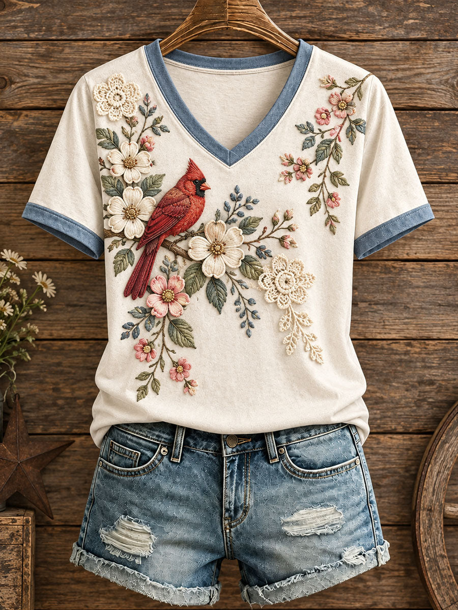 Kvinnors blomster och fågel mönster T-shirt