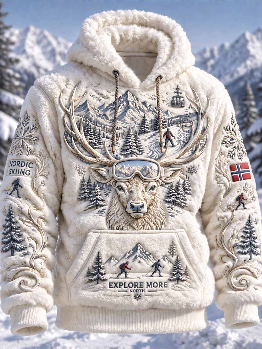 Herrtröja med retromönster av älgar på skidor och huva