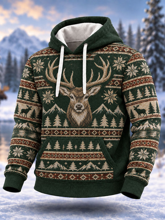 Mäns Nordic Fair Lsle-styl hjort Print överdimensionerad drop-Shoudre Hoodie med fickar