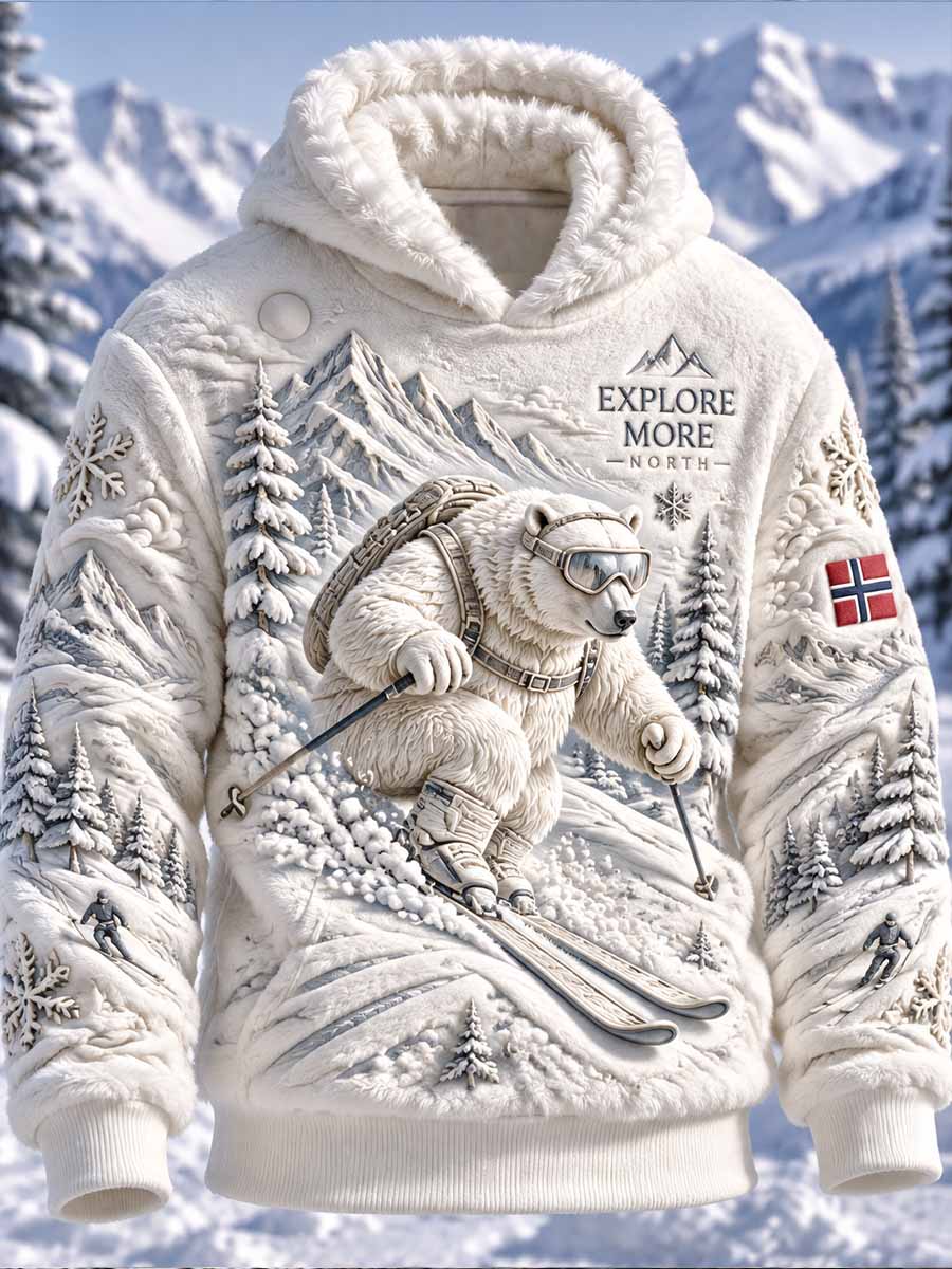 Herrpolartröja med offroad-skidmönster och tryckt huvudkläde