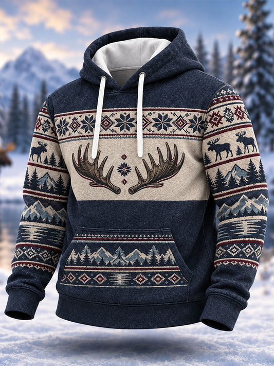Mäns nordiska mässan Lsle-styla Antlers Skriv ut överdimensionerad drop-Shoudre Hoodie med fickar