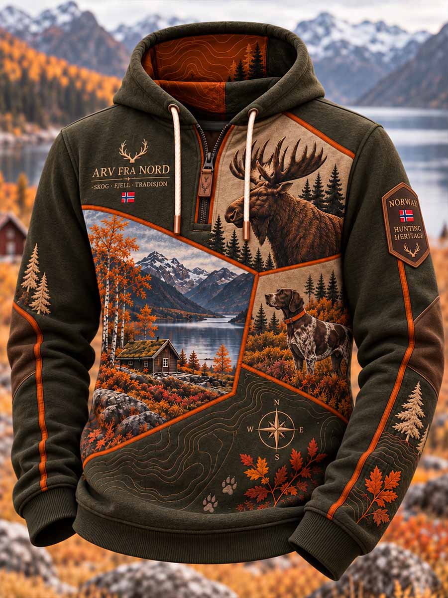 Mansloppa sweatshirt med vintagejaktmönster