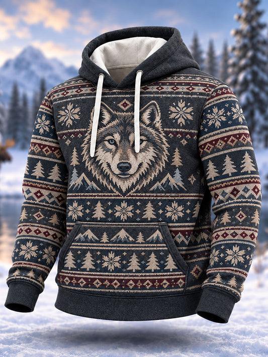 Mäns Nordic Fair Lsle-Style Wolf Print överdimensionerad drop-Shoudre Hoodie med fickar