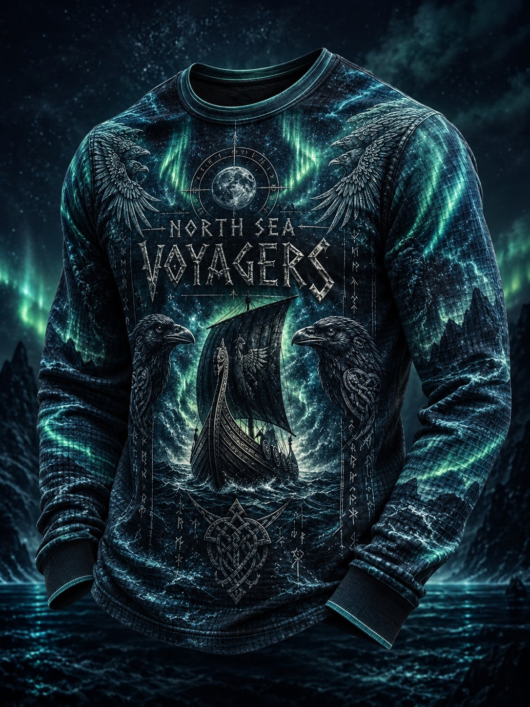 Herrtröja i vafelväv med vikingatryck och lång ärm