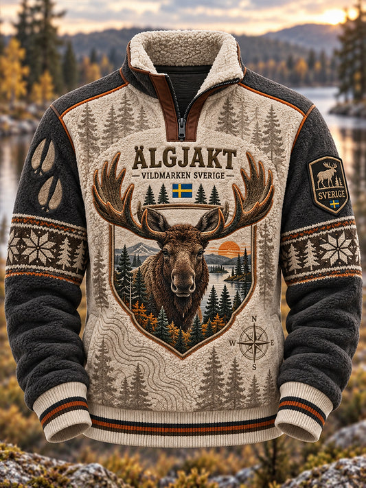 Herrtröja med svensk jaktmotiv och fleecefoder