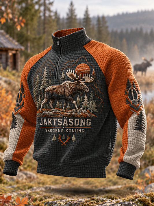 Herrtröja med svenskt älgjaktmönster, avslappnad waffelmönstrad pullover med dragkedja