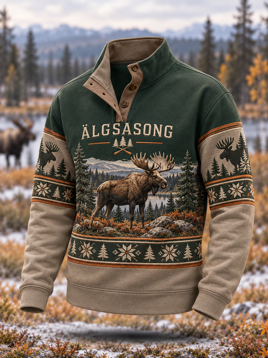 Herrpullover med avslappnad passform och tryck av älgjakt, med knappar.