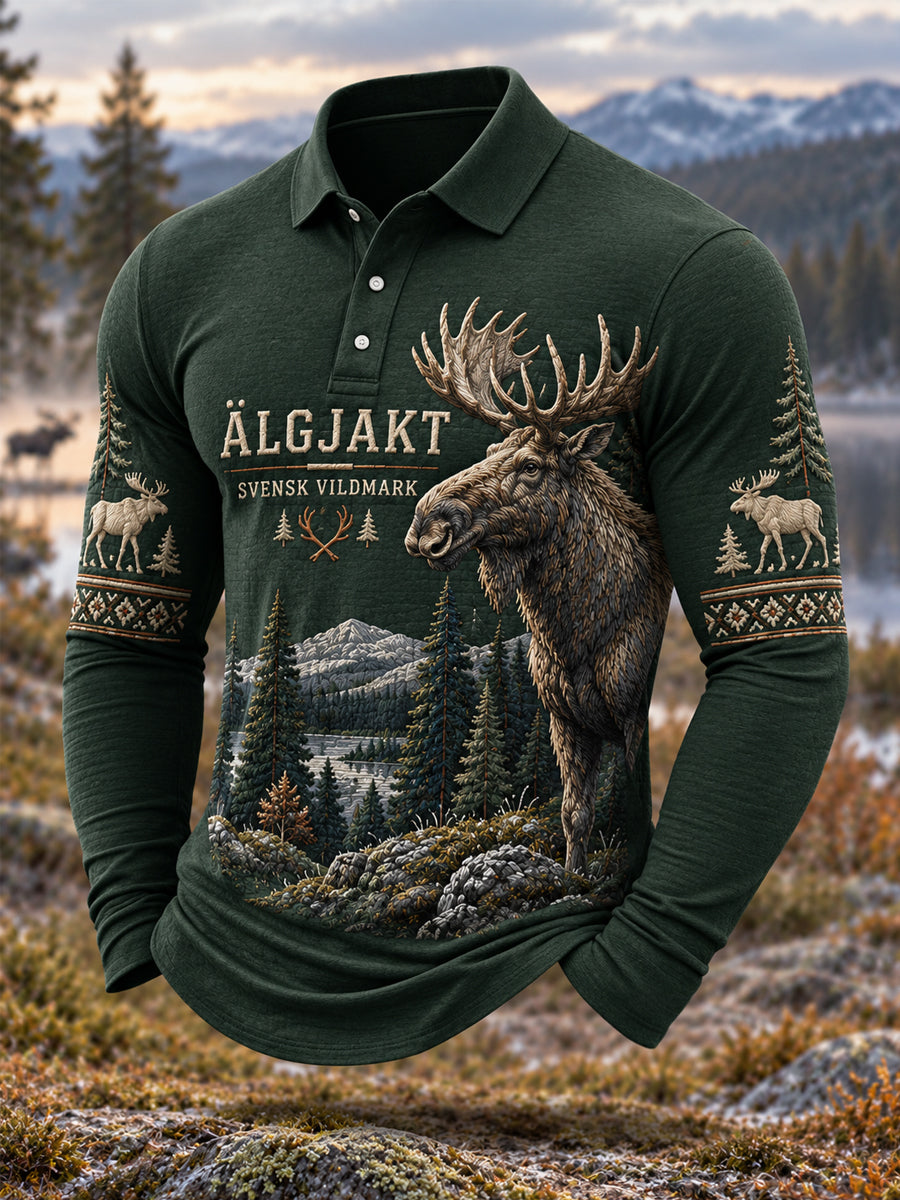 Mäns svenska Älgjakt Print Casual Långärm Polo tröj