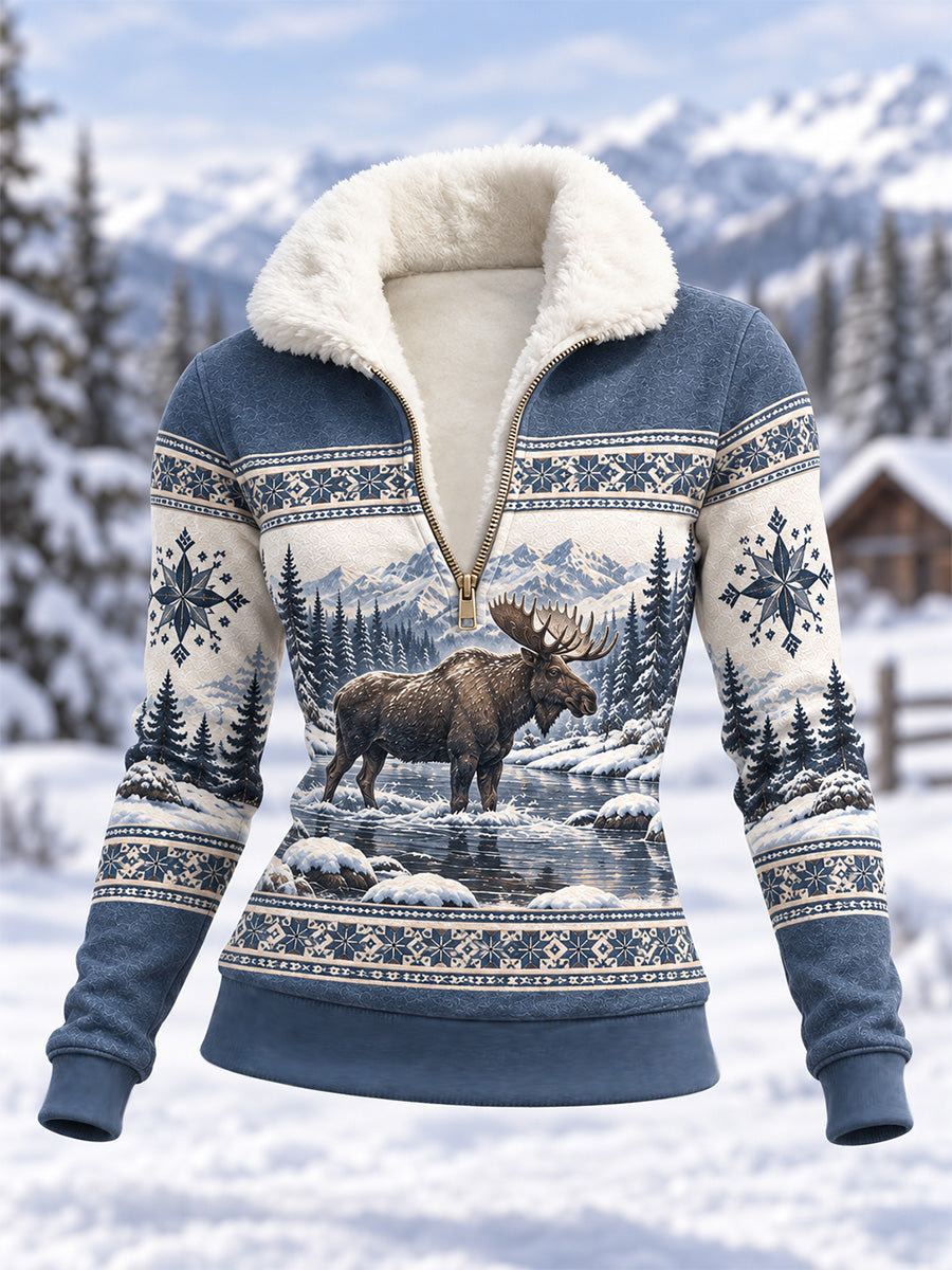 Damsweatshirt i kompositfleece med älgmönster för vinterbruk, avslappad stil