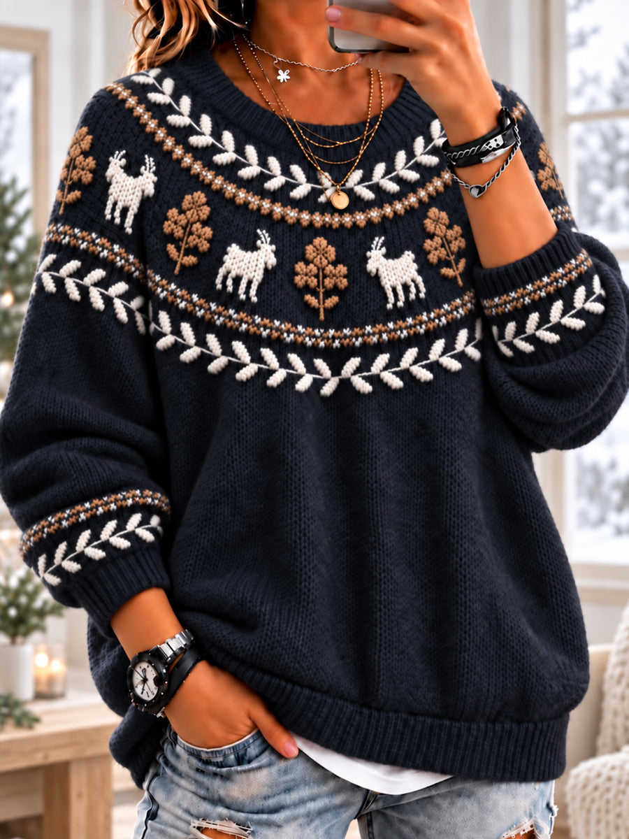 Kvinnors Nordiska Woodland Goat & Blad Fuzzy Crewneck Sweater-träkning