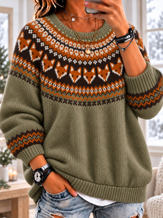 Kvinnors Nordiska-Inspirerad höst Fox Yoke Fuzzy Crewneck Tröjar