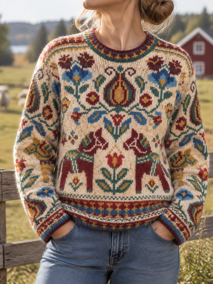 Damsweater i retrostil med svensk landsbygdsinspirerad dalahäst