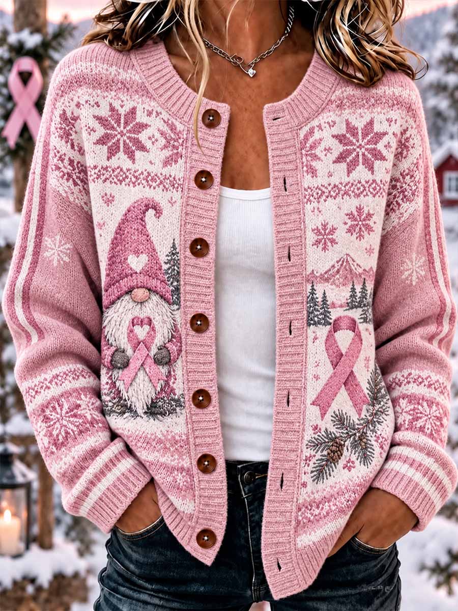 Kvinnors vinter bröstcancer medvetenhet mönster tryckt cardigan