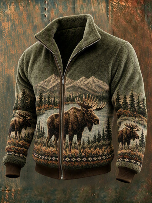 Mäns Vintage äll landskap Skriv ut Mysig Flannel Full Zip Jacka