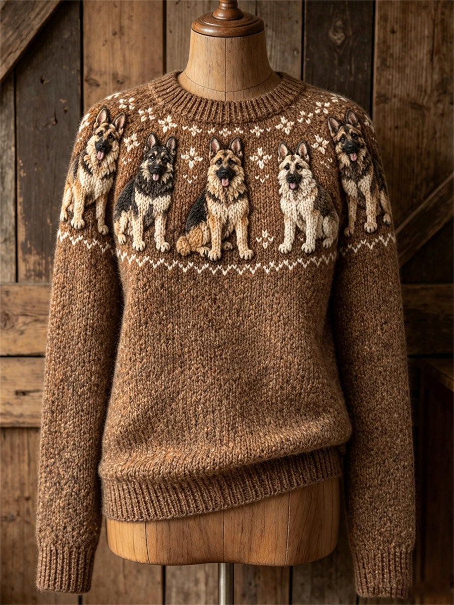 Damtröja i vintagestil med tysk schäferhundmotiv och tryckt Yoke Isle-mönster, mysig tröja med rund halsringning