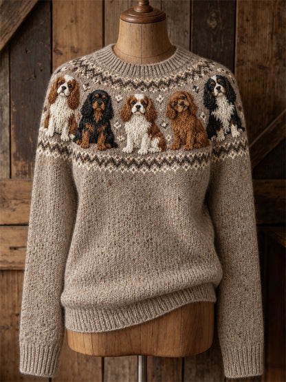 Kvinnlig vintage tröja med Cavalier King Charles Spaniel-mönster och omlottstycke, mysig rund halsringning
