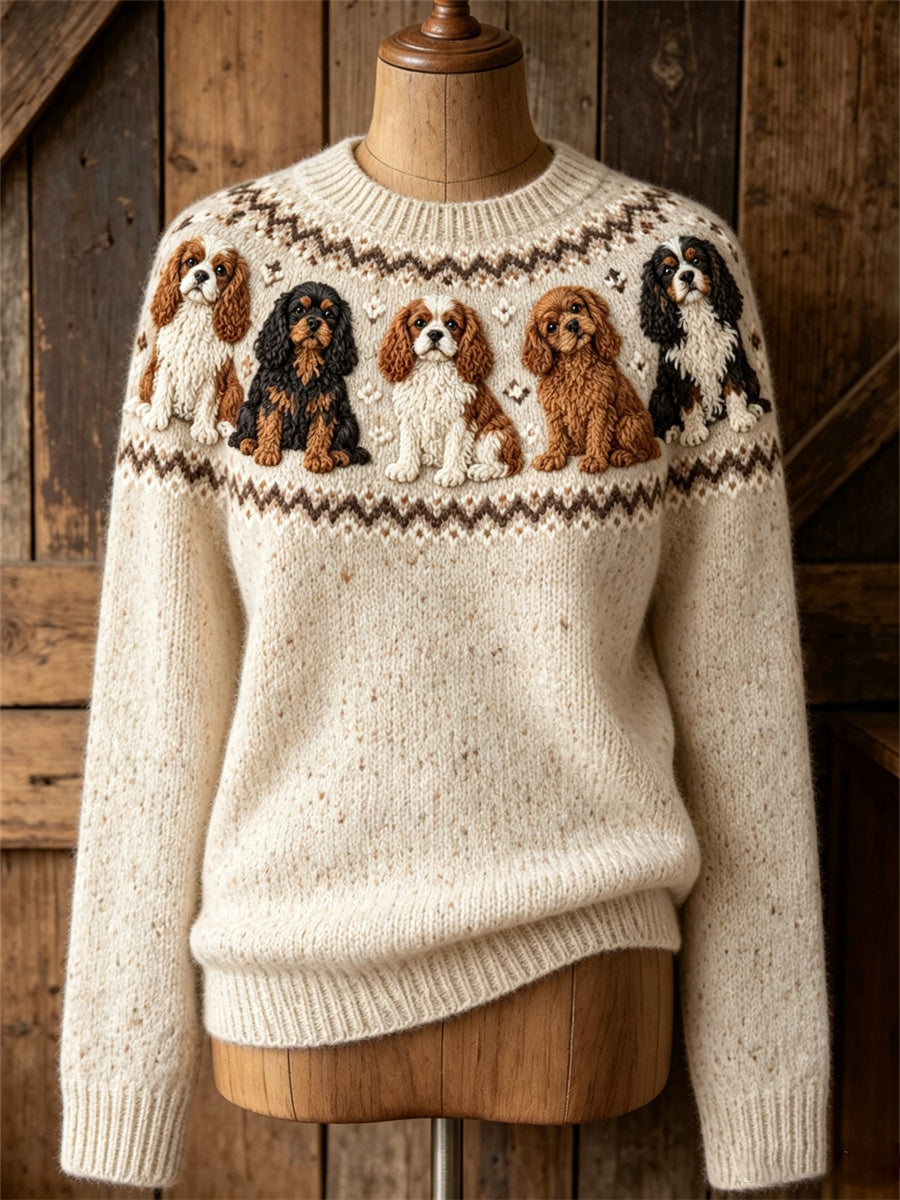 Kvinnlig vintage tröja med Cavalier King Charles Spaniel-mönster och omlottstycke, mysig rund halsringning