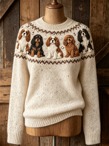 Kvinnlig vintage tröja med Cavalier King Charles Spaniel-mönster och omlottstycke, mysig rund halsringning