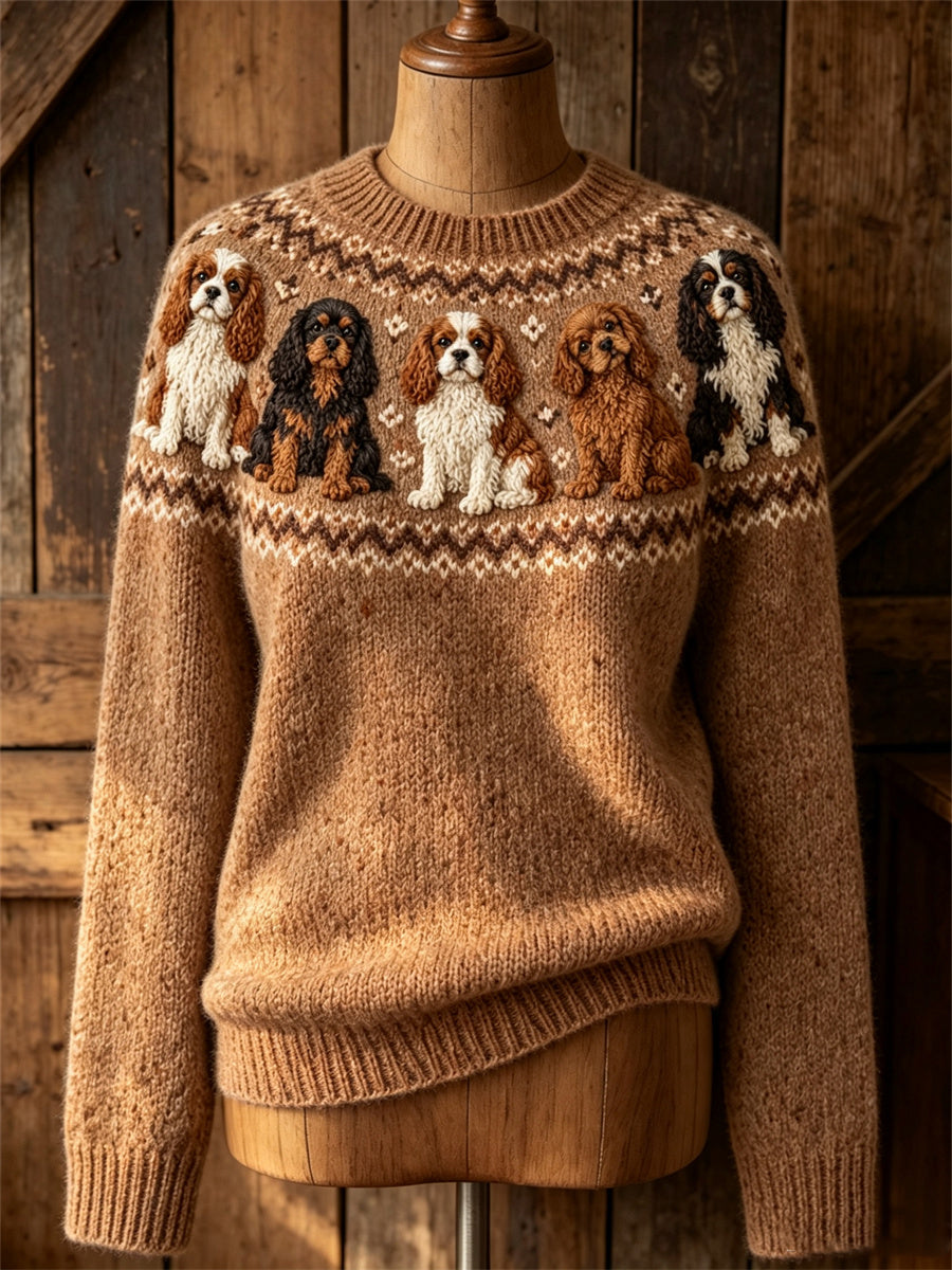 Kvinnlig vintage tröja med Cavalier King Charles Spaniel-mönster och omlottstycke, mysig rund halsringning