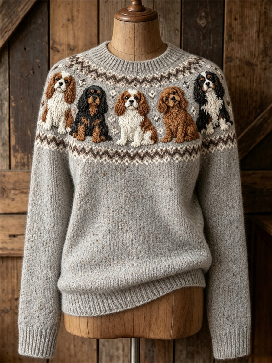Kvinnlig vintage tröja med Cavalier King Charles Spaniel-mönster och omlottstycke, mysig rund halsringning