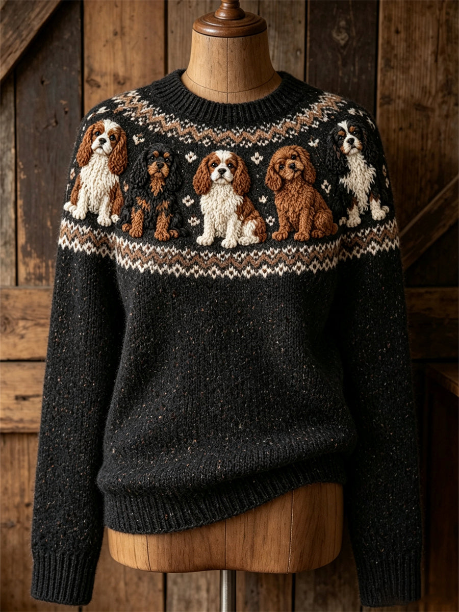 Kvinnlig vintage tröja med Cavalier King Charles Spaniel-mönster och omlottstycke, mysig rund halsringning