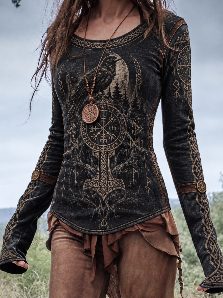 Kvinnors vikinga-runna hals långärm T-shirt