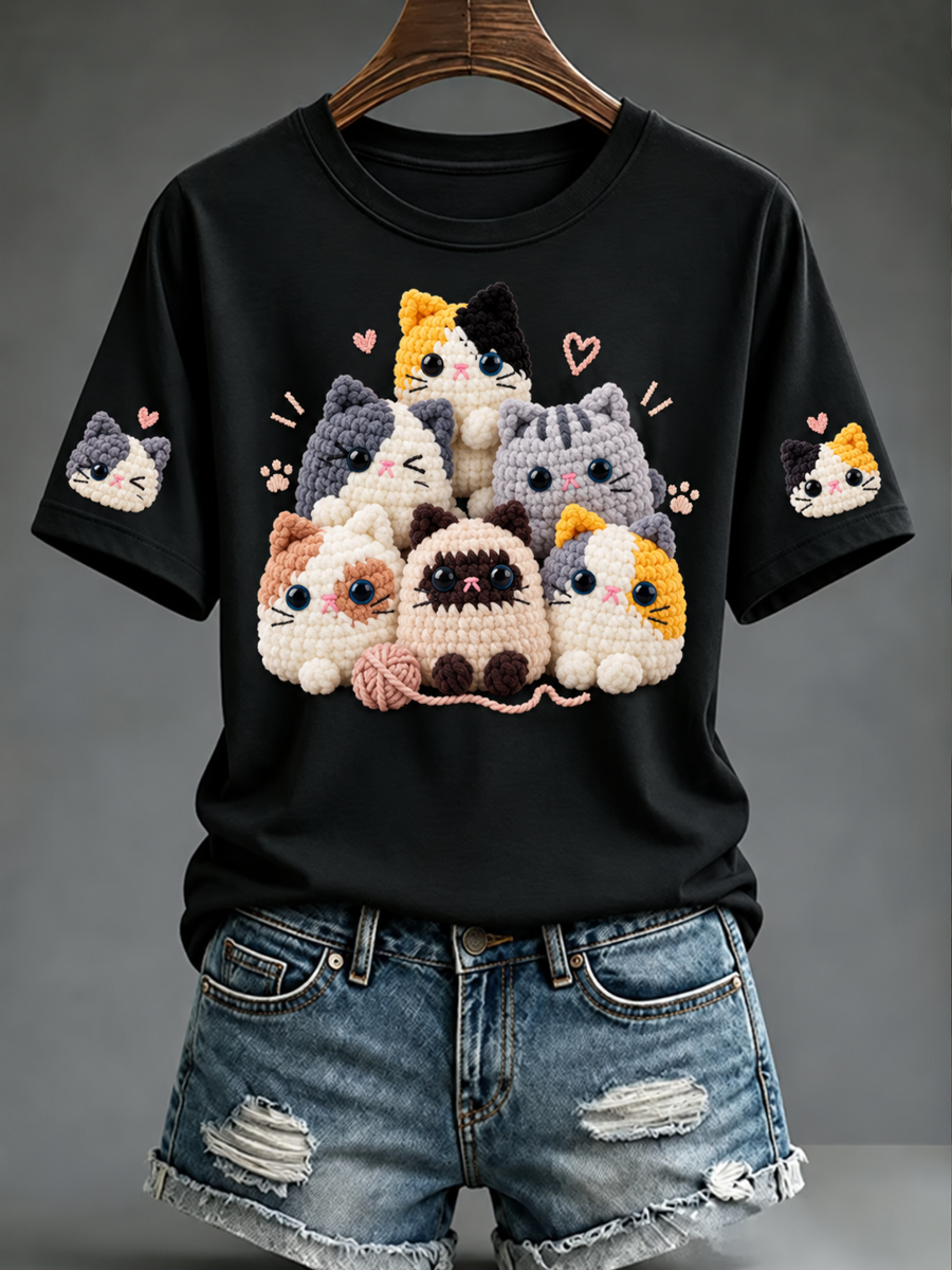 Damens söt katttryck kortärmad T-shirt