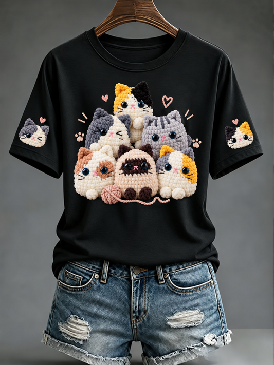 Damens söt katttryck kortärmad T-shirt